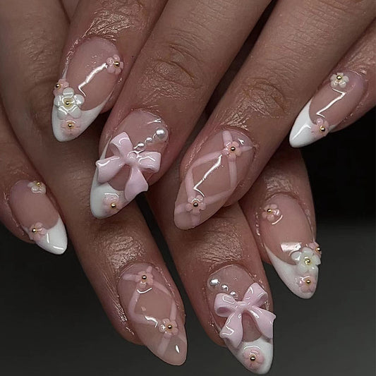 Nude Bow Ribbon Press On Nails