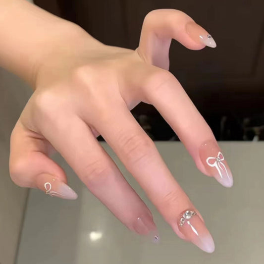 Nude Pink Bow Crystal Press On Nails Almond