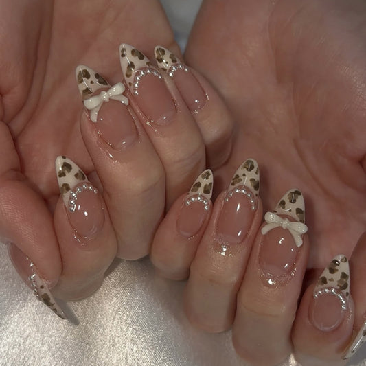 Leopard Bow Press On Nails Almond
