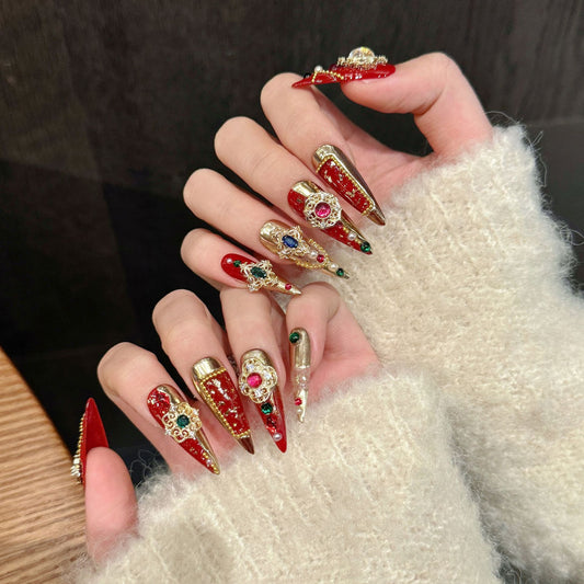 Royal Crimson Filigree Press On Nails