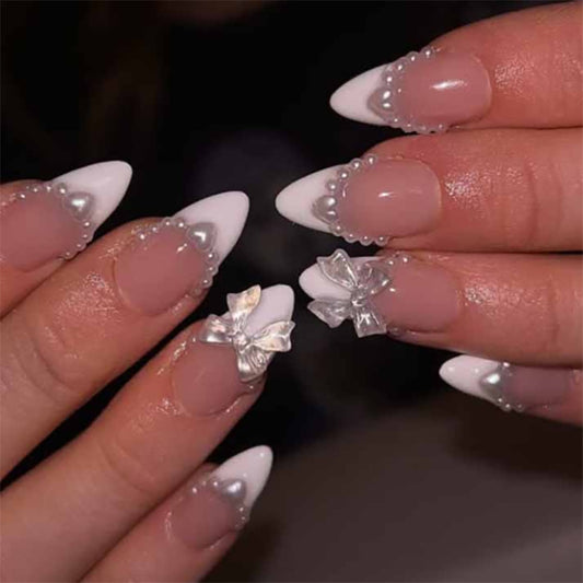 Nude Pearl Bow French Press On Nails Almond