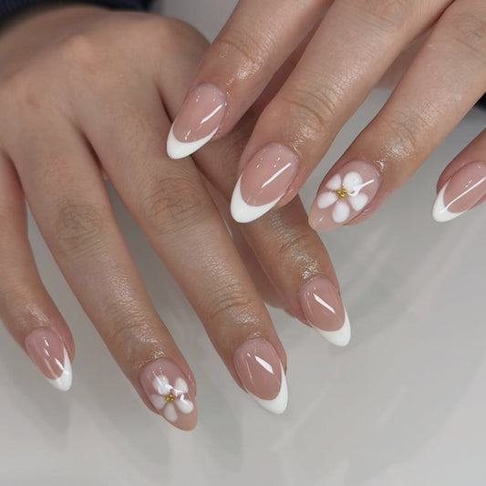 Nude French Flower Press On Nails