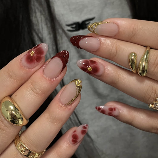 Brown Floral Press On Nails Almond
