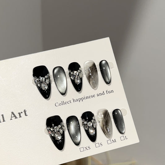 Velvet Black Silver Crystal Marble Press On Nails