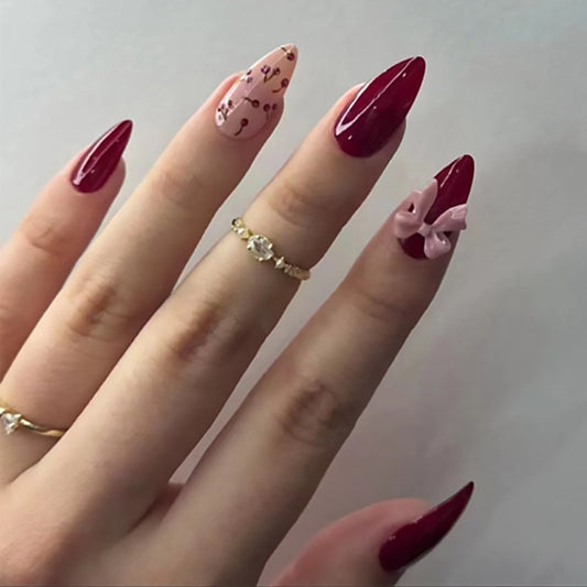 Burgundy Cherry Bow Press On Nails