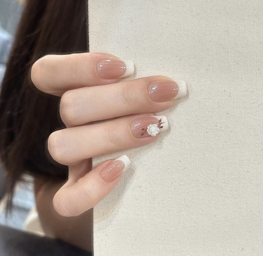 Velvet Nude White Rose French Press On Nails
