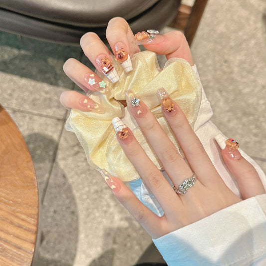 Velvet Nude Teddy Bear Heart Star Press On Nails