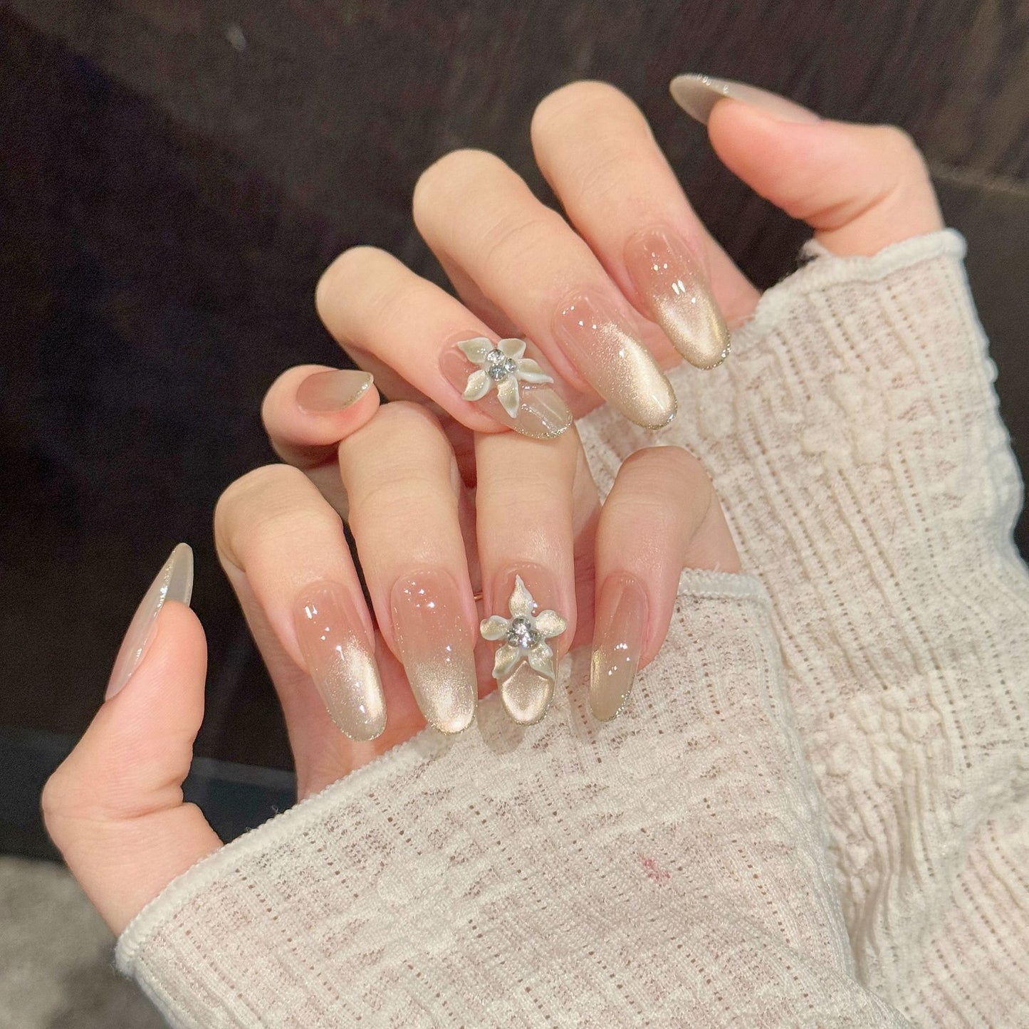 Velvet Nude White Flower Shimmer Press On Nails