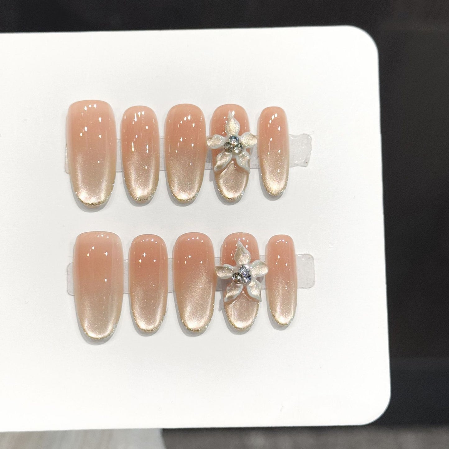 Velvet Nude White Flower Shimmer Press On Nails