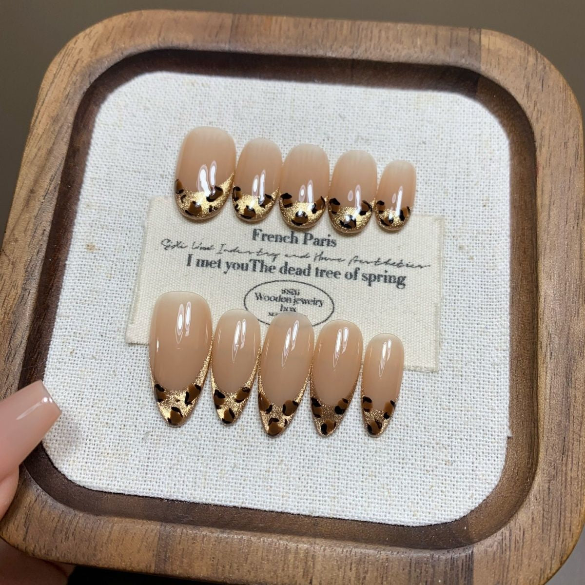Velvet Nude Leopard Gold Glitter Press On Nails