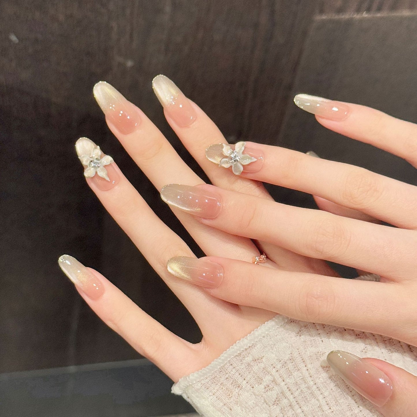 Velvet Nude White Flower Shimmer Press On Nails