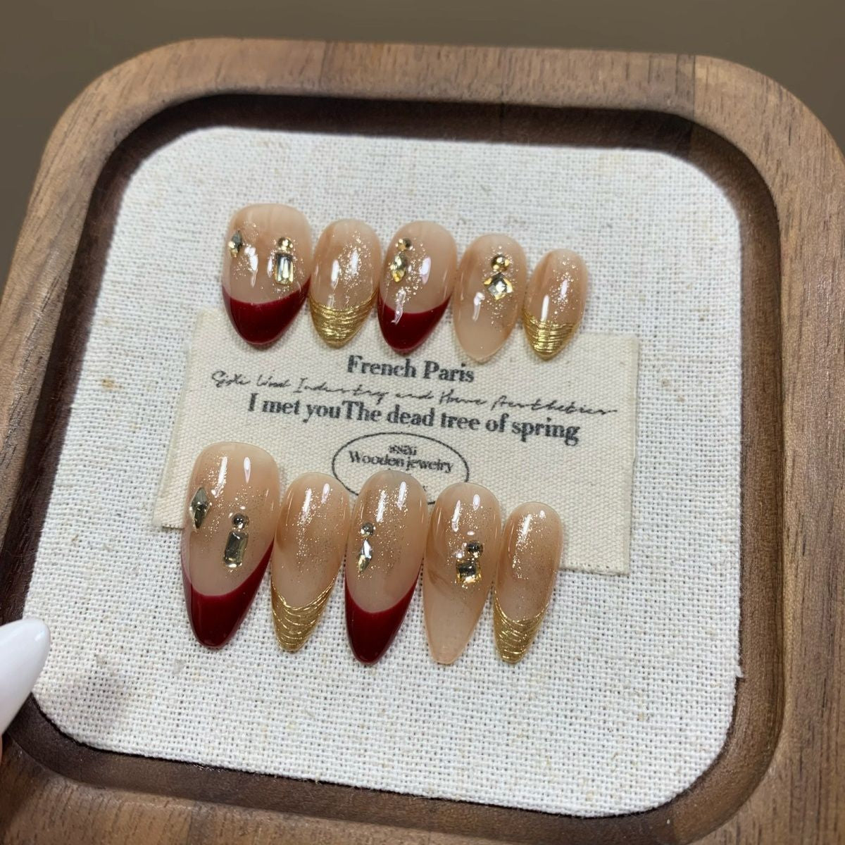 Velvet Nude Red Gold Glitter Gem Press On Nails