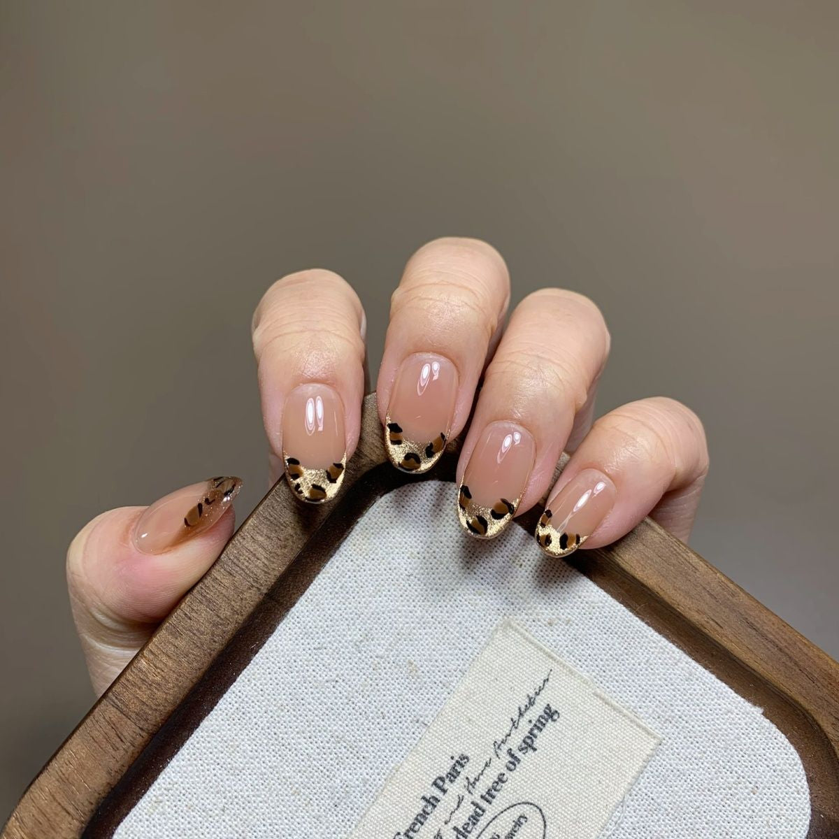 Velvet Nude Leopard Gold Glitter Press On Nails