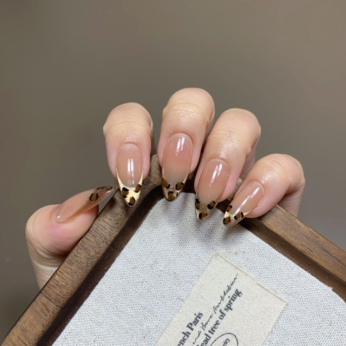 Velvet Nude Leopard Gold Glitter Press On Nails