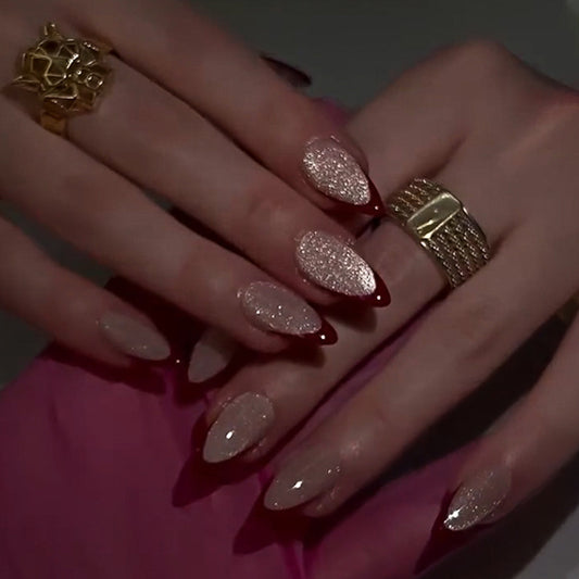 Nude Red Glitter French Press On Nails