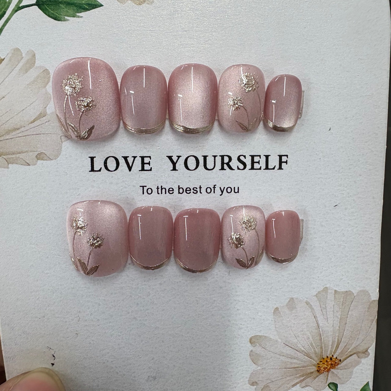Velvet Blush Gold Wildflower Press On Nails