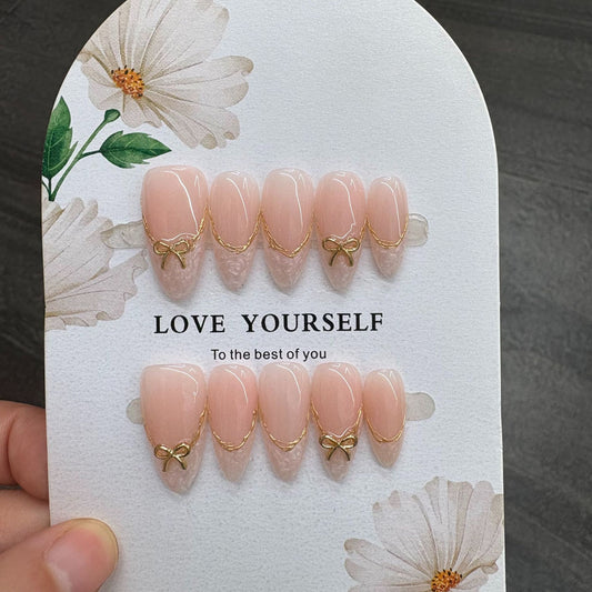 Blush Gold Bow Press On Nails