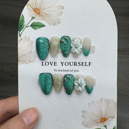 Velvet Teal Green Gold Leaf Floral Press On Nails