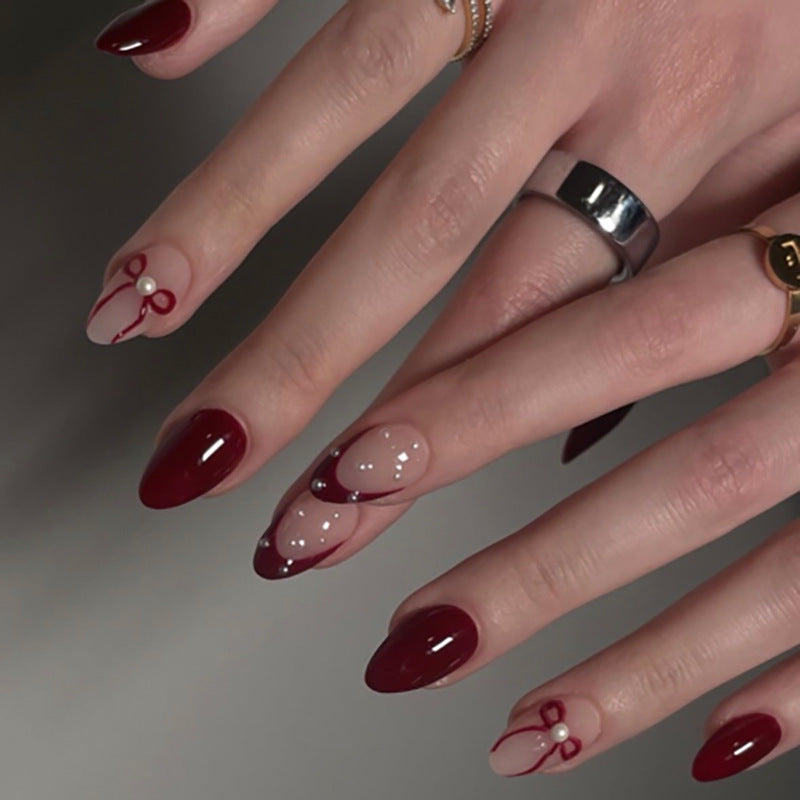 Velvet Burgundy Pearl Bow French Press On Nails