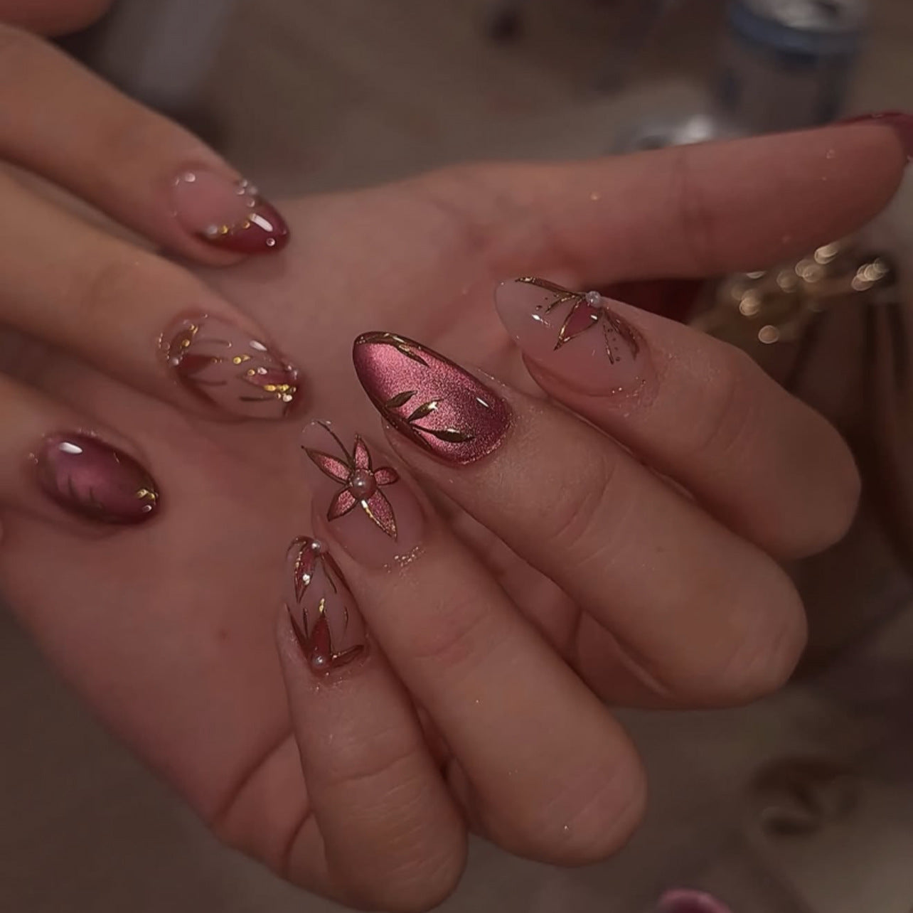 Velvet Rose Gold Floral Cat Eye Press On Nails