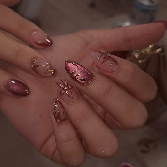 Velvet Rose Gold Floral Cat Eye Press On Nails