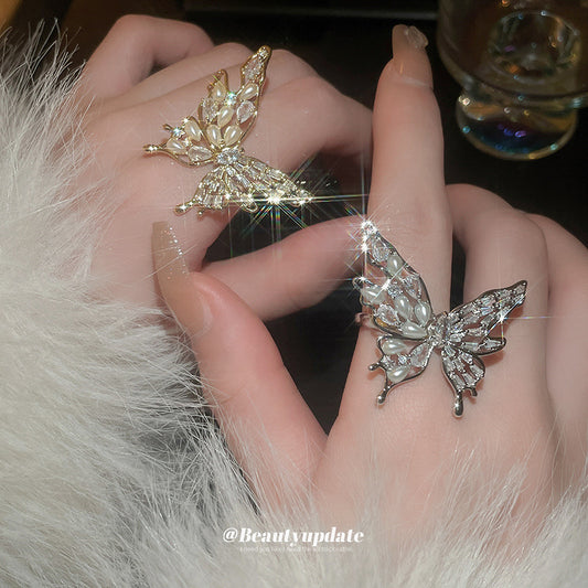 Gold-plated zircon butterfly pearl open ring