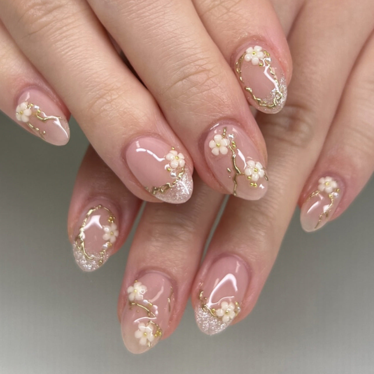 Velvet Blush Gold Floral Pearl Press On Nails