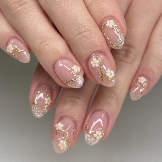 Velvet Blush Gold Floral Pearl Press On Nails
