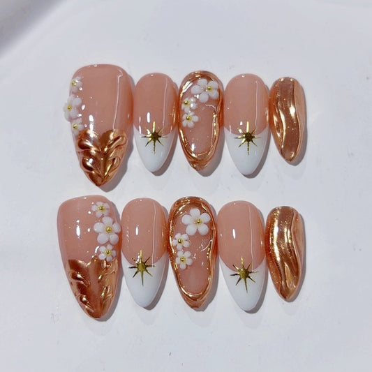 Creamy Peach Blossom Gold French Press On Nails