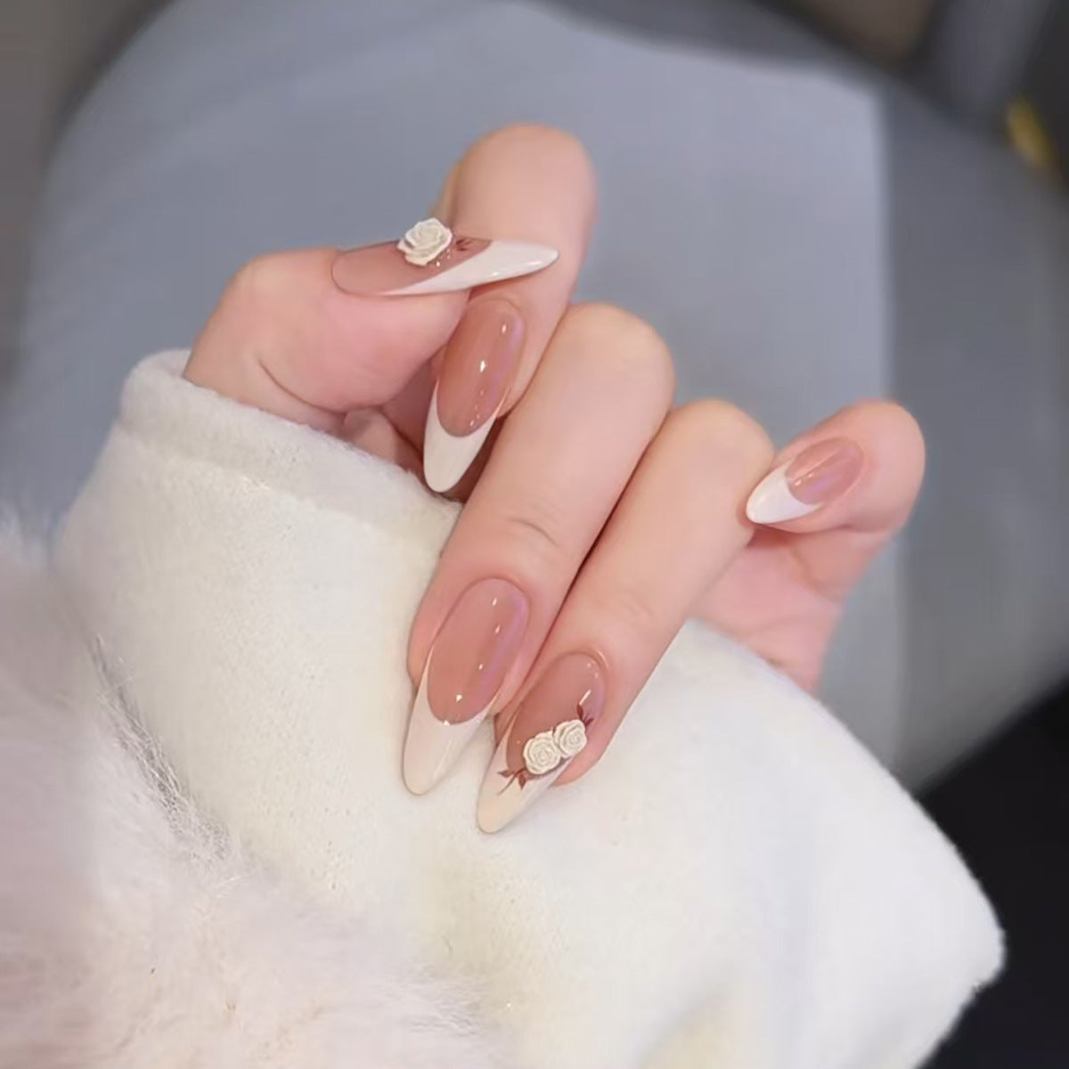 Velvet Nude White Rose French Press On Nails