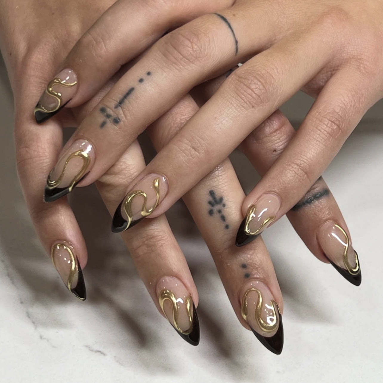Velvet Nude Black Gold Swirl Press On Nails
