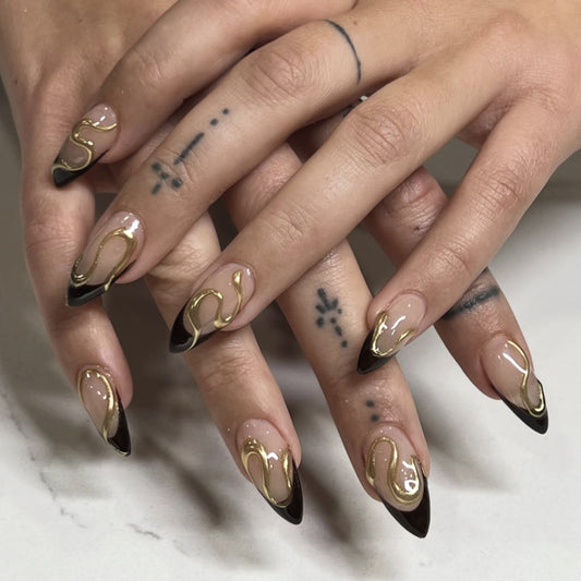 Velvet Nude Black Gold Swirl Press On Nails