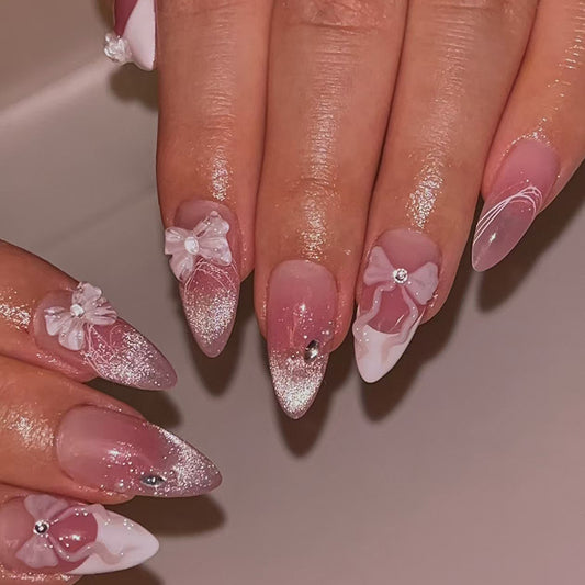 Mauve Pink Cat Eye Bow Press On Nails