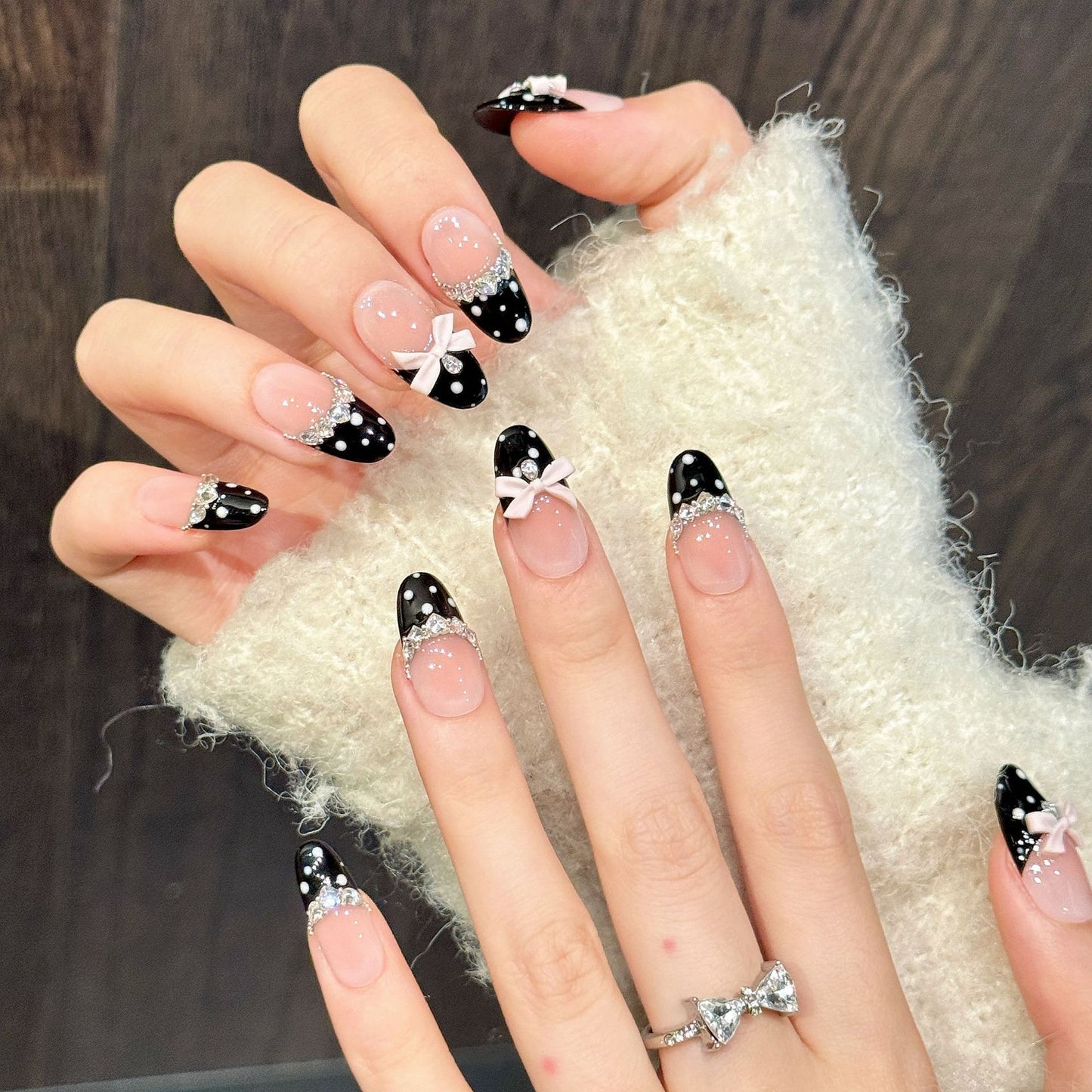 Nude Pink Polka Dot French Bow Press On Nails