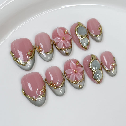 Blush Silver Petal Gold Press On Nails