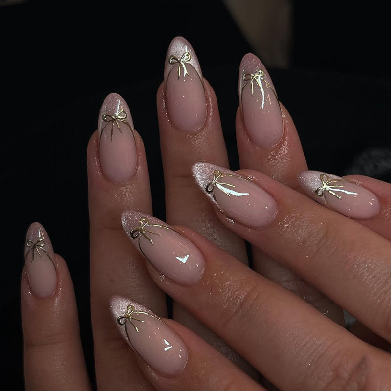 Velvet Blush Gold Bow Glitter Press On Nails