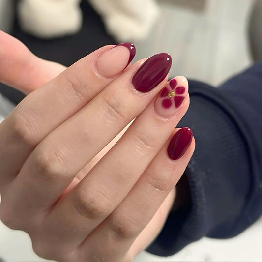 Wine Red Floral Accent Press On Nails