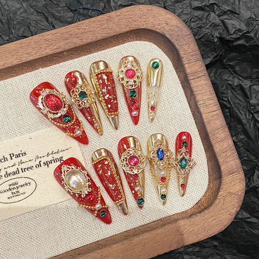 Royal Crimson Filigree Press On Nails