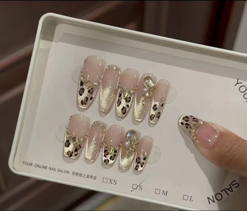 Velvet Nude Leopard Gold Crystal Press On Nails