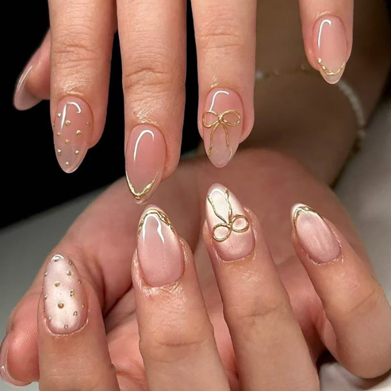 Velvet Peach Gold Bow French Press On Nails