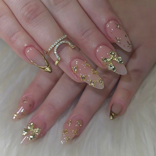 Velvet Peach Gold Luxe Bow Press On Nails