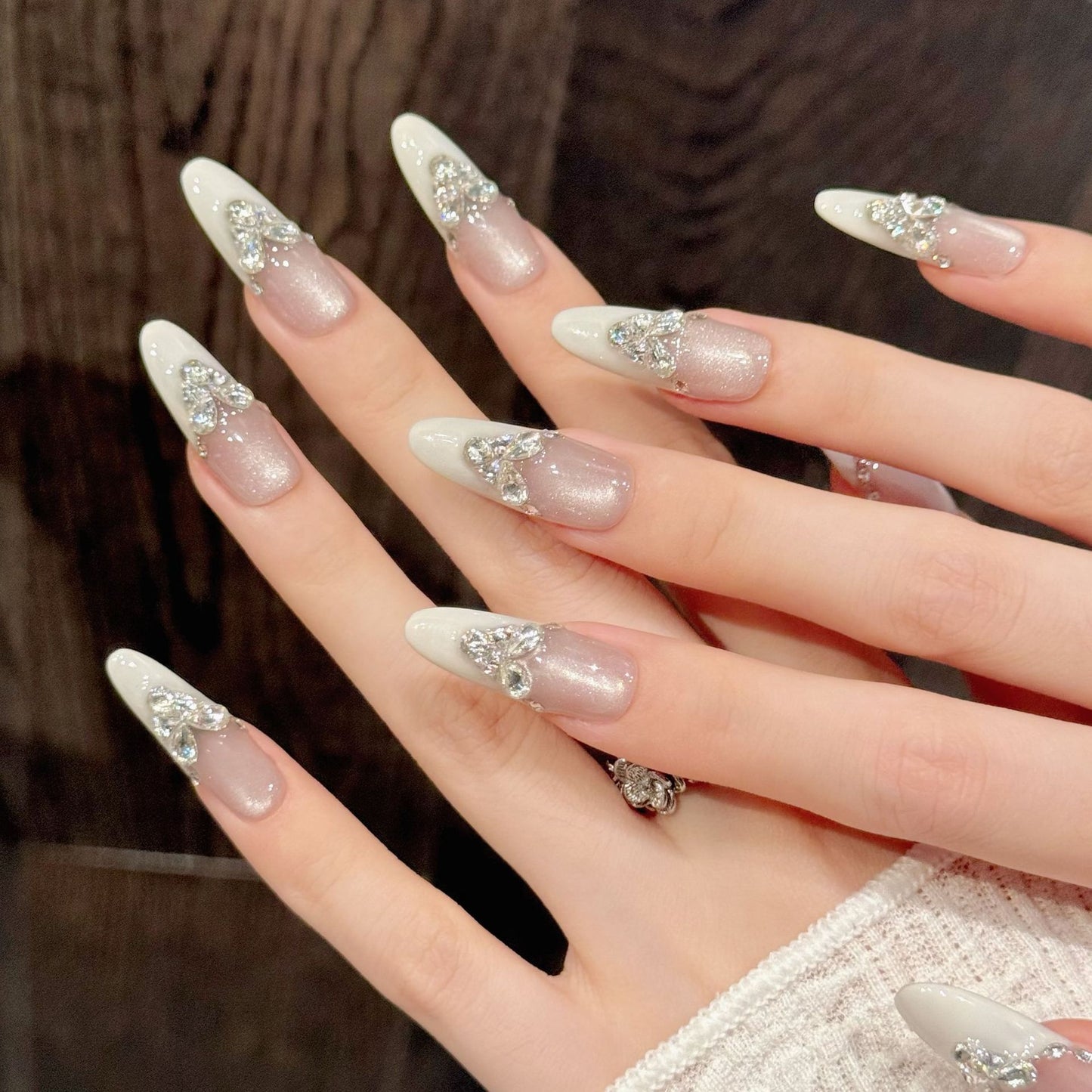 Velvet White Crystal Butterfly French Press On Nails