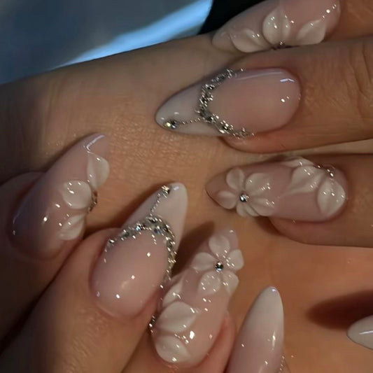 Velvet Blush White Blossom Chain Press On Nails