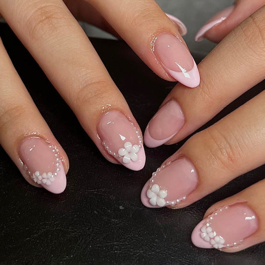 Blush Pink Pearl Flower French Press On Nails