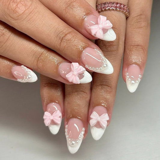 Blush Pink Bow Pearl French Press On Nails