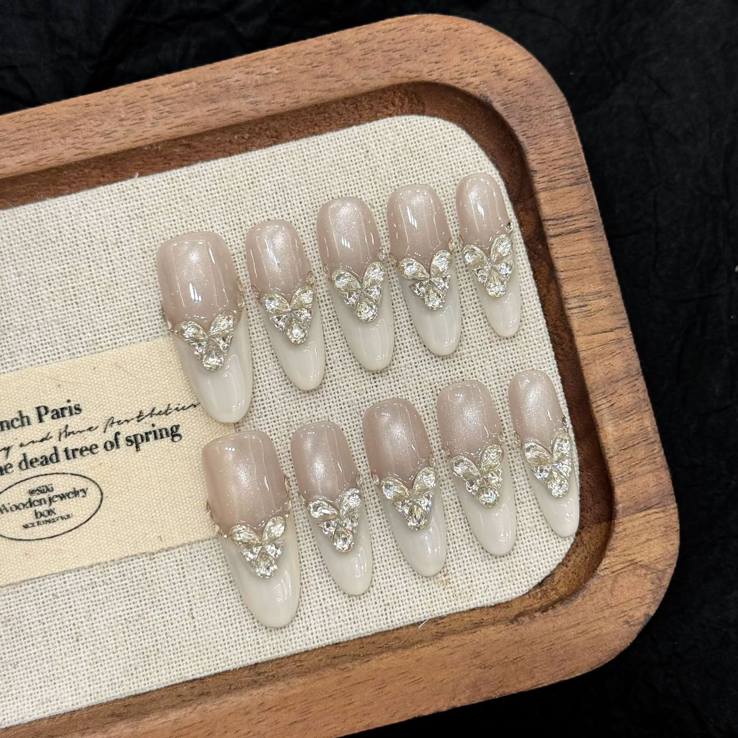 Velvet White Crystal Butterfly French Press On Nails