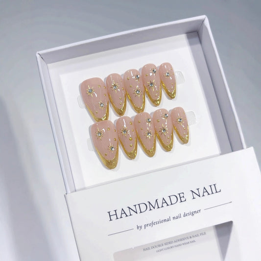 Nude Pink Starburst Gold Press On Nails