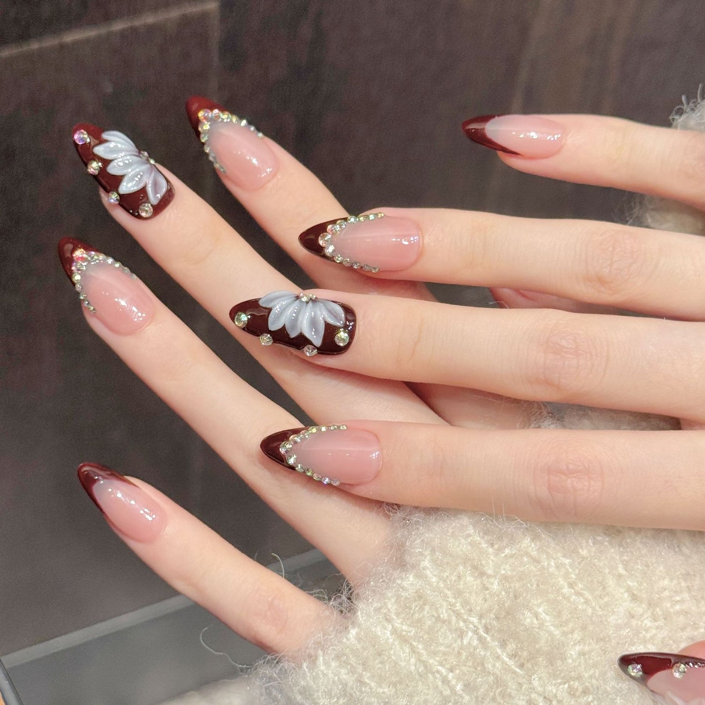 Burgundy French Floral Crystal Press On Nails