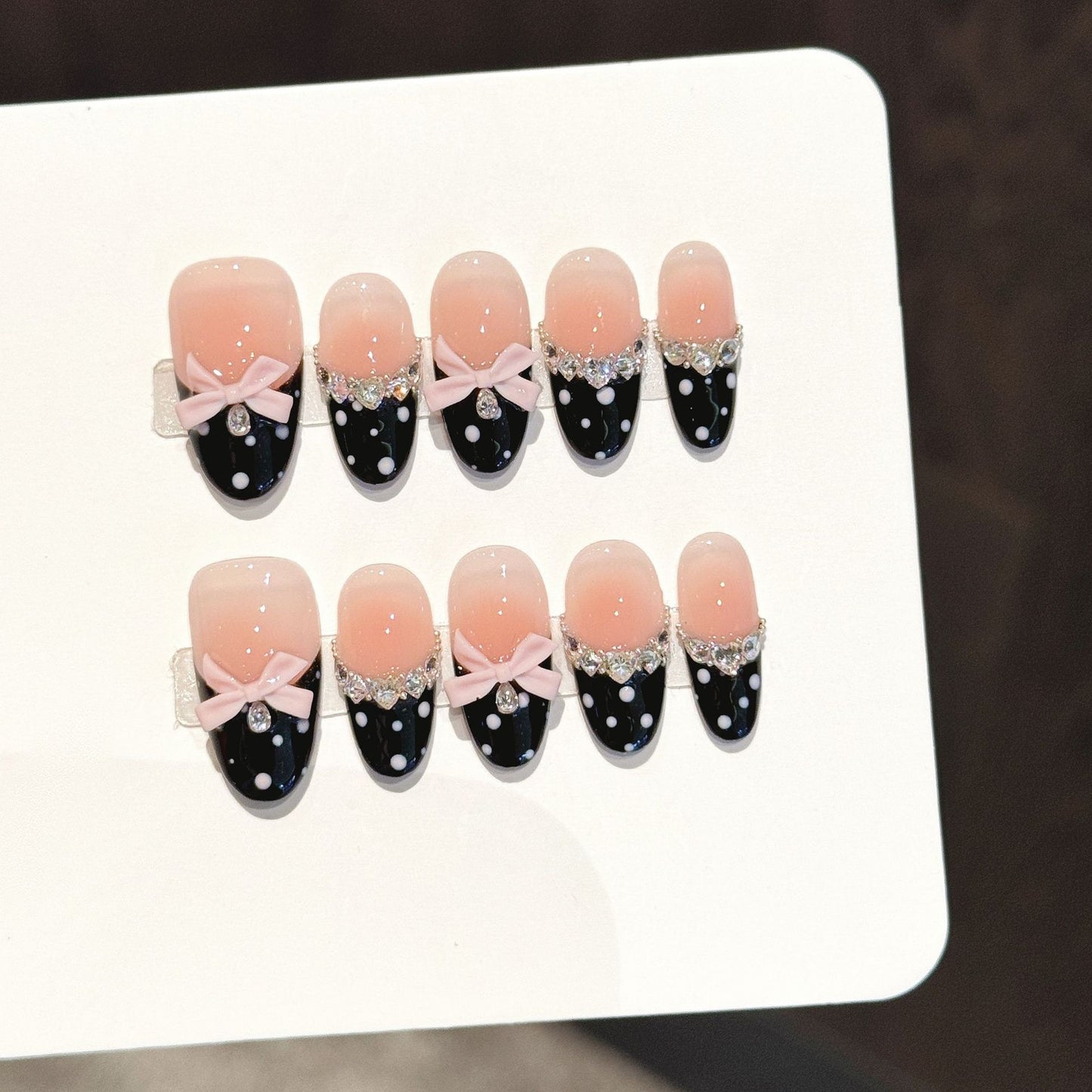 Nude Pink Polka Dot French Bow Press On Nails