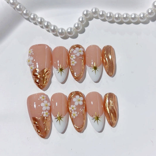 Creamy Peach Blossom Gold French Press On Nails